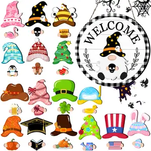 Interchangeable Magnetic Gnome Welcome Sign, DIY Seasonal Front Door Hanging Decor with 16 Replaceable Wooden Pieces