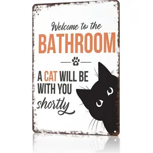 Vintage Black Cat Metal Sign Welcome To The Bathroom A Cat Will Be With You Shortly Funny Tin Poster For Bathroom Home Dorm Decor 8 X 12 Inch