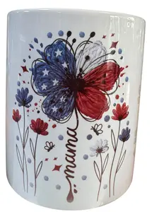 Mama Butterfly Floral Ceramic Coffee Mug, White, 11 oz, Out of Service Funny Quote, Red White and Blue Patriotic Design