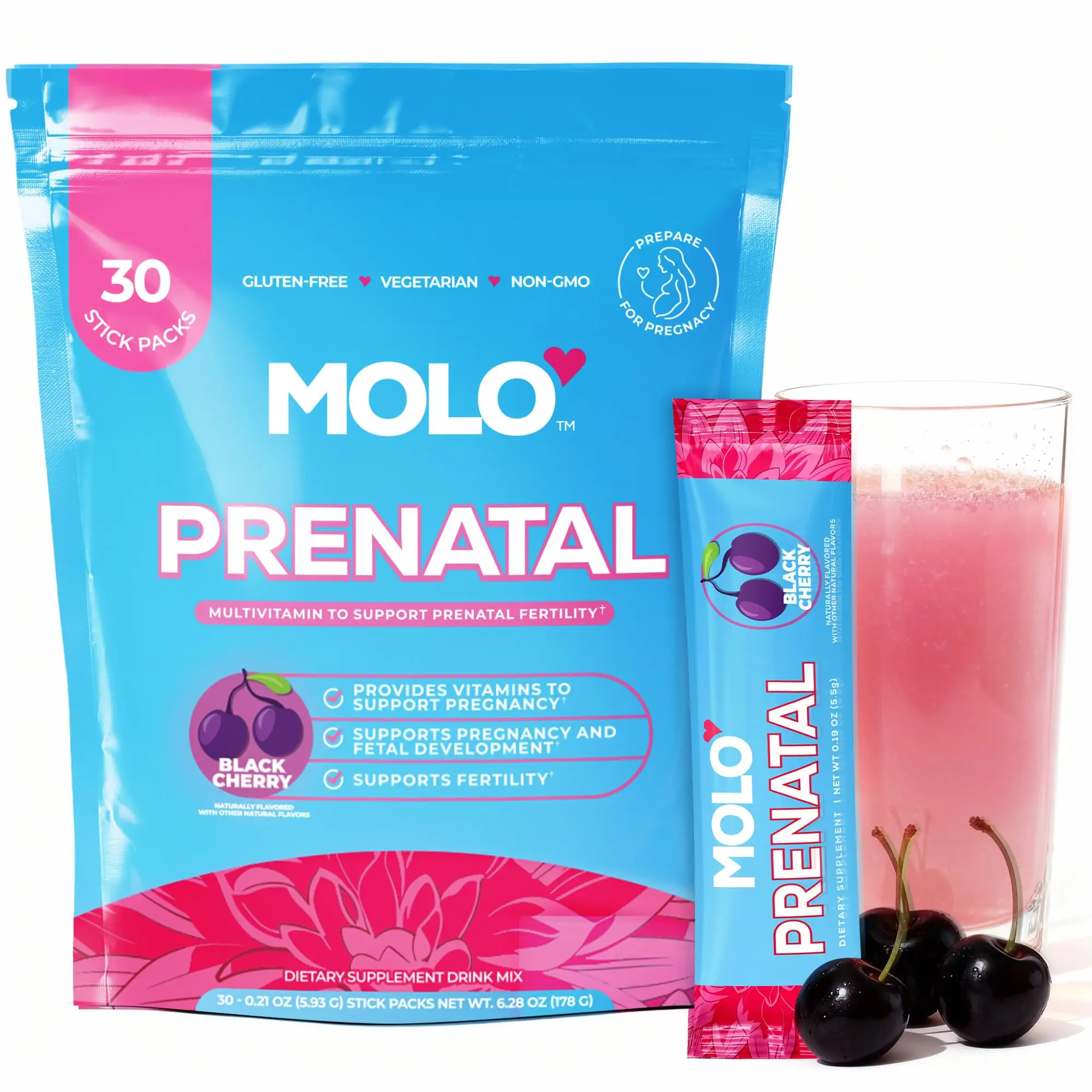 MOLO Prenatal Multi-Vitamin Drink Mix for Women – Packed with Essential Vitamins & Antioxidants, Methylfolate, & Iron – 30 Stick Packs Black Cherry Flavor – Vegetarian, Gluten-Free & Non-GMO