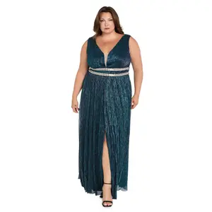 Long Metallic Gown With Double Rhinestone Waist Detailing - Plus