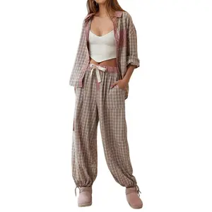 Women's 2-piece pajama long sleeved button up shirt with lace up bottom harem pants checkered casual pajama set casual top