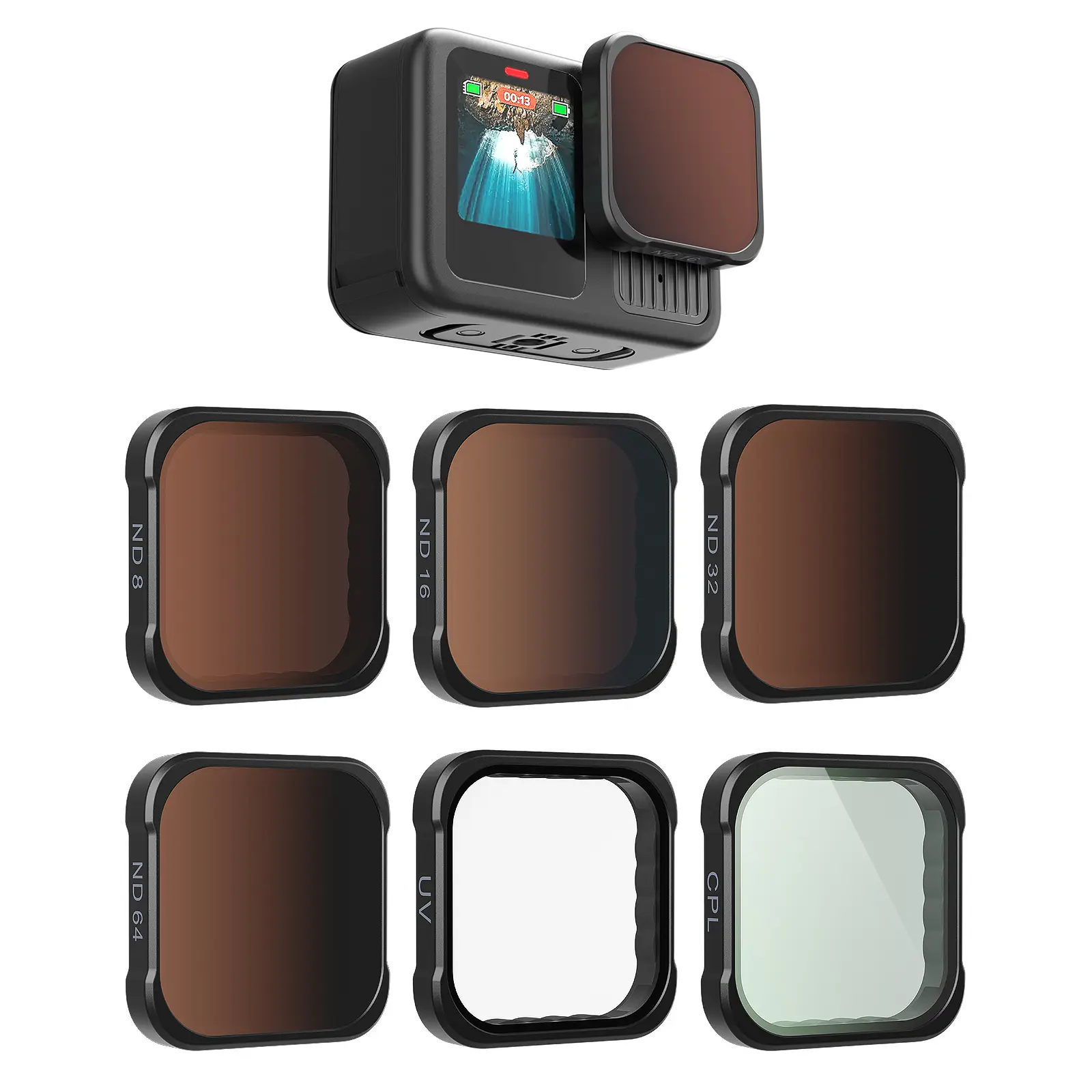 Compatible with GoPro Hero13/12/11/10/9/11Mini and other camera models, this Lens filter kit covers ND, UV, and CPL filters, featuring quick installation and upgraded image quality, allowing you to capture professional photos and videos