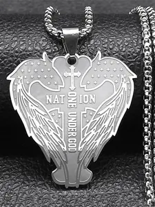 One Nation Under God Cross Necklace for Women Men Stainless Steel Silver Color Dragon Wing American Flag Chain