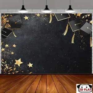 Graduation Golden Stars Backdrop Caps Tassels Backdrop Celebration Theme Background Cloth Grad Tapestry Wall Hanging Photography Background Polyester Fiber Party Ceremony Event Photo Booth Studio Decor Studio Prop Wall