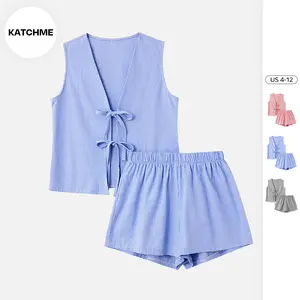 KATCH ME Women's 2-Piece Minimalist Plaid Co-ord - Front Tie Loose Tank Top & Wide Leg Shorts, Classy Spring Summer Comfortable Womenswear