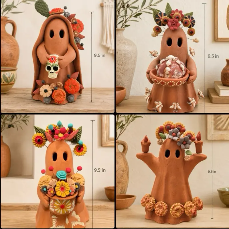 Mexican Ghost Sculpture Made Of Clay By Artisans In Metepec. Two different Sizes Pick your favorite.