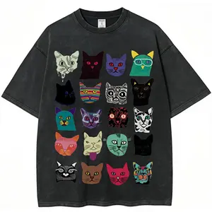 Cat Head Illustration Unisex Vintage Washed Tee – Unisex Vintage Washed Tee, Vintage Colorful Tee - Oversized Shirt - Natural & Animal Planet Unisex Streetwear