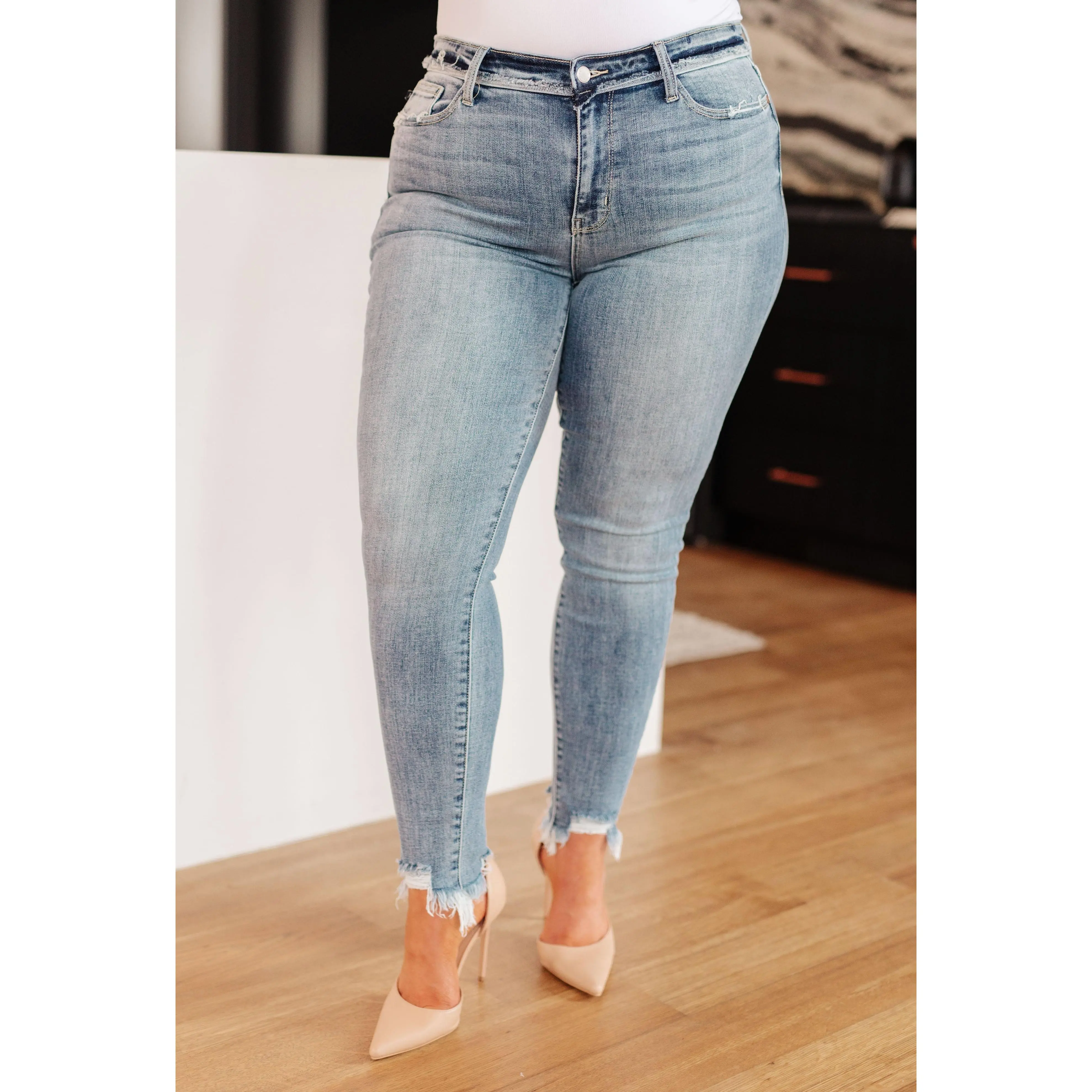 Judy Blue Mid Rise Release Waistband Detail Skinny 82408 Stretchy Cotton Comfort Denim Womenswear Bottom Casual chic