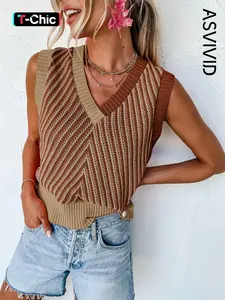 Women's Colorblock Wrap Knit Tank Top Vest, Casual V Neck Sleeveless Top for Summer, Ladies Clothes for Daily Wear