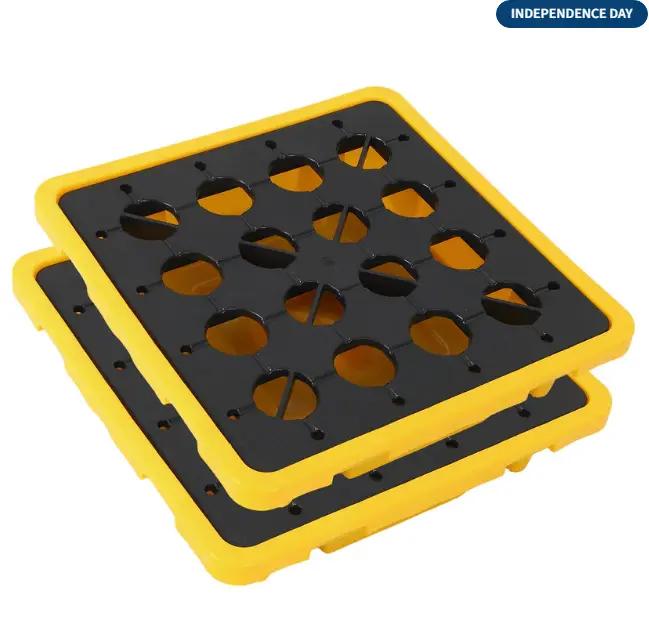 2-Pack Spill Containment Pallet with Drain - 27"x27"x8" Heavy Duty Polypropylene Leakproof Tray Set, 5000 lbs Capacity, 15 Gallon Catch Sump, 2-Way Forklift Entry (Yellow)