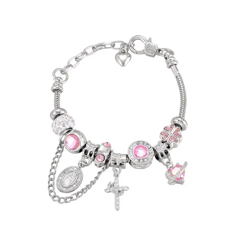Beaded Bracelet for Female with Vintage Virgin Mary & Cross Charms, Layerable Emerald-Tone Alloy Jewelry, Adjustable