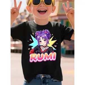 Boys' Rumi Anime Star Graphic Cotton T-Shirt - Crew Neck, Slight Regular Fit, Breathable Casual Character-Themed Cute Graphic Boys' Tops for Home, Outdoor Activities, Character-Themed Boys' T-Shirts, Cute Boys' T-Shirts
