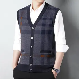 Men's Knit Winter Casual V-Neck Jacquard Sleeveless Vest for Fashion Thermal Layer and Plaid Long Sleeve Cardigan with Fur