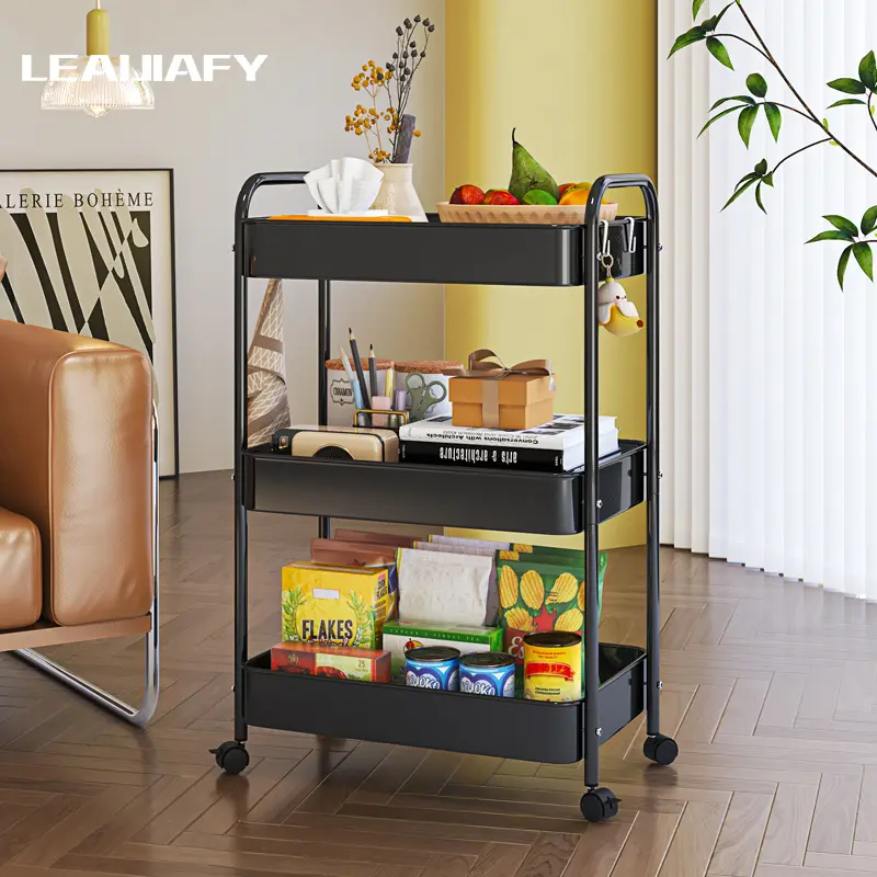 LEAIJIAFY Thickened Carbon Steel Storage Cart Racks - Smooth Painted Floor-Standing Mobile Organizer Storage with Swivel Wheels, Raised Edges for Kitchen, Living Room Tool & Beauty Products