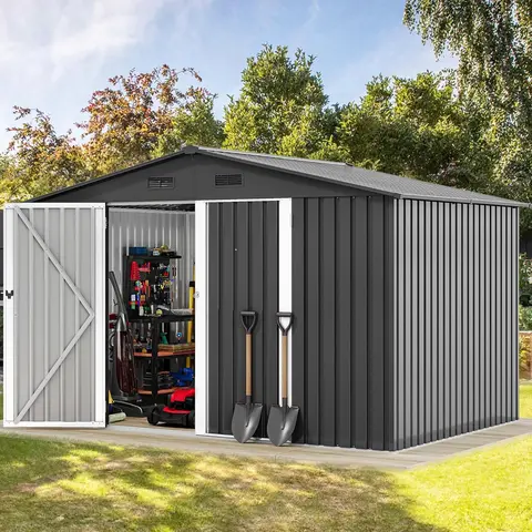 【Dealsforyoudays】Yitahome 10x8FT Industrial Look Weatherproof Metal Shed, Heavy-Duty Steel Garden Shed with Waterproof Roof, Modular Base, Bicycle Storage, L295×W238×H190 Backyard Patio Tool Space, 2 Packages, Assembly Required