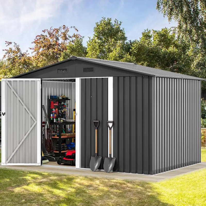 【Dealsforyoudays】Yitahome 10x8FT Industrial Look Weatherproof Metal Shed, Heavy-Duty Steel Garden Shed with Waterproof Roof, Modular Base, Bicycle Storage, L295×W238×H190 Backyard Patio Tool Space, 2 Packages, Assembly Required