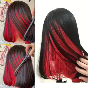 Synthetic Straight Bob Wig for Women Featuring a Shoulder-Length Design with Black And Red Highlights, Styled in a Blunt Cut