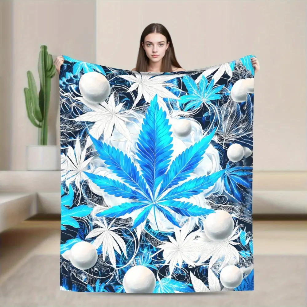 Cannabis Leaf Flannel Blanket, Blue Psychedelic Weed Leaf Throw Blanket, Soft Cozy Fleece Blanket for Sofa Couch Bed, Marijuana Leaf Pattern Blanket, Stoner Room Decor, Cannabis Aesthetic Bedroom Decor, Puff Puff Pass Gift for Weed Lovers,