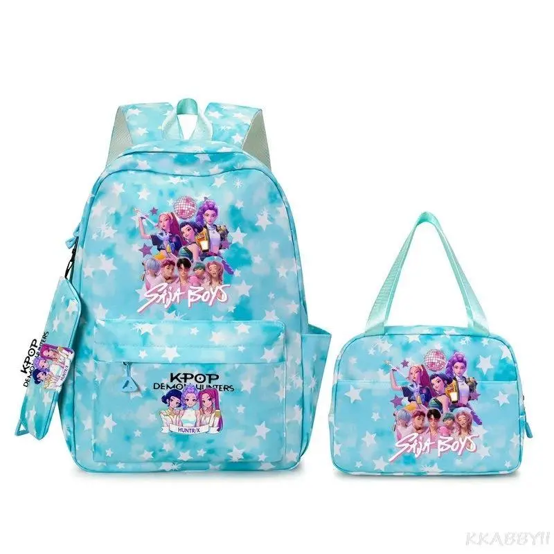 Blue Tie‑dye White Star Printed 3‑Piece Backpack Combo, K‑POP Cartoon Print School Rucksack, Insulated Lunch Handbag and Stationery Pencil Case for Girls