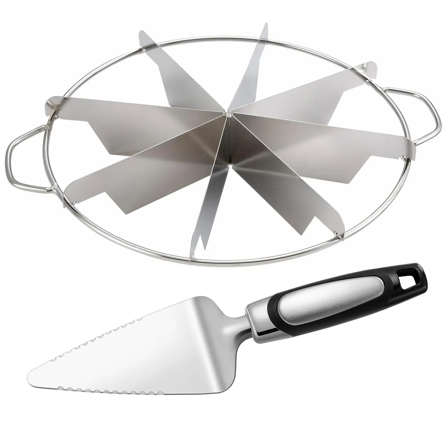Stainless Steel 8-Slice Pie Cutter and Server Set – Heavy Duty Equal Portion Cake Slicer Marker with Pie Server Spatula for Bakery & Party