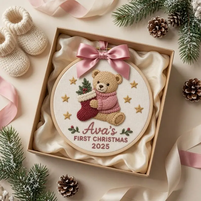 Personalized Holiday Hanging Ornament, Embroidered Bear Decoration, Round Tree Ornament, Custom Name Keepsake, Festive Home Decor