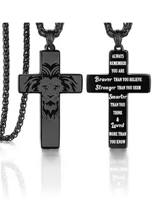 Powerful Faith Gift for Him, Masculine Cuban Cross Necklace, Bold Lion Head and Cross Design, Inspirational Engraved Message