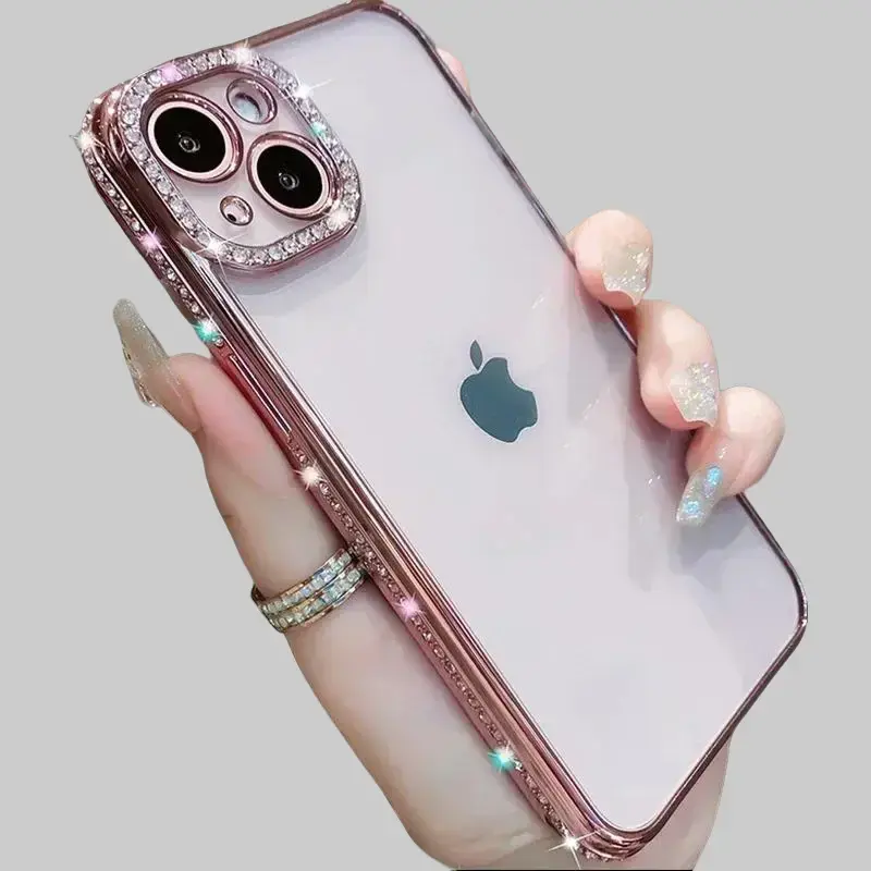 Luxury Plated Glitter Diamond Transparent Silicone Case for iPhone 12-17 Pro Max Plus, Women's Shockproof Smartphone/Cellphone/Handheld Device Cover with Rhinestone Accents & Protection