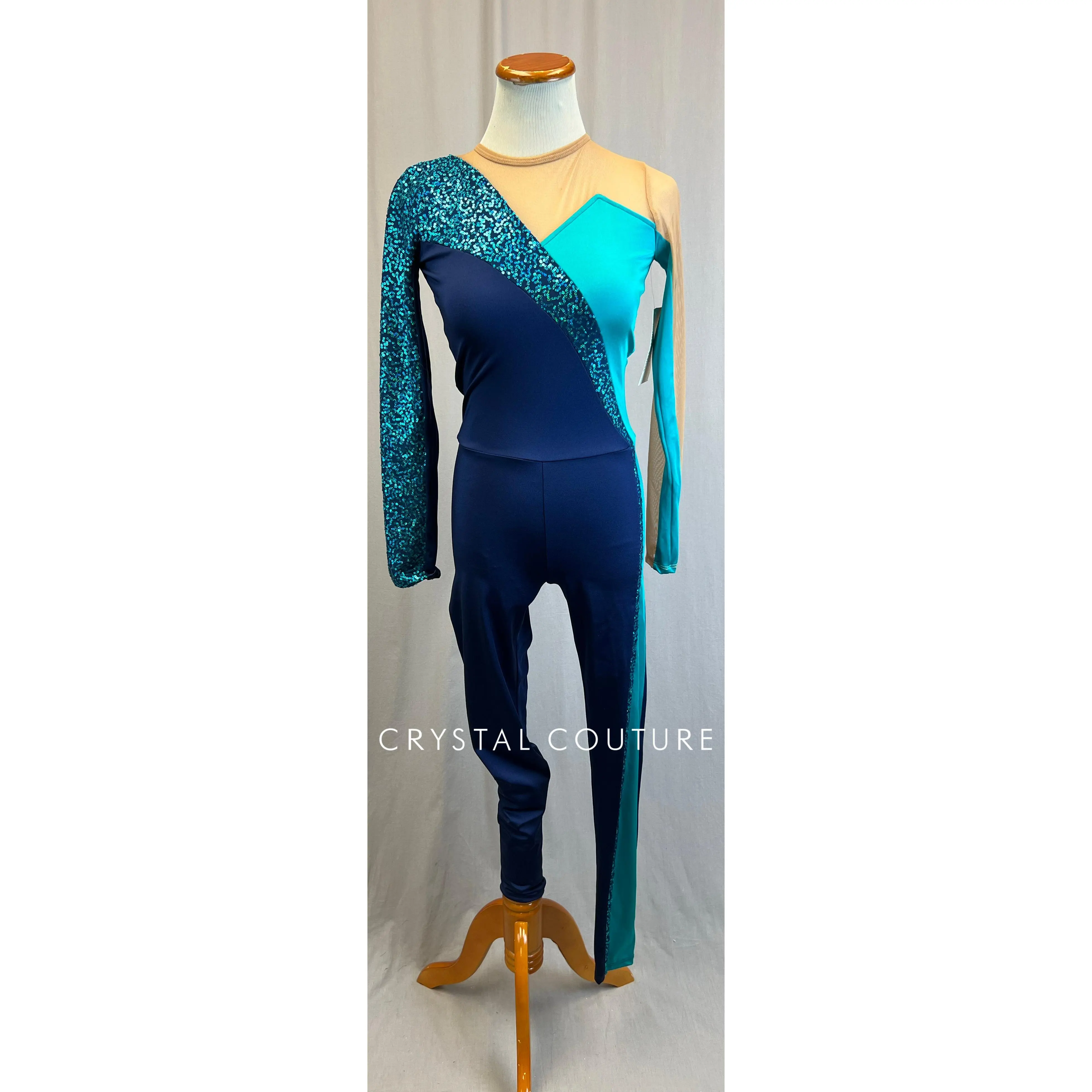 *Brand New* Teal and Navy Lycra and Sequin Long Sleeve Unitard with Tan Mesh Accents
