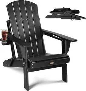 Folding Adirondack Chair with Cup Holder, HDPE Plastic Adirondack Furniture, Composite Foldable Fire Pit Chairs for Outdoor, Backyard, Garden, Lawn, Deck, Porch, Patio