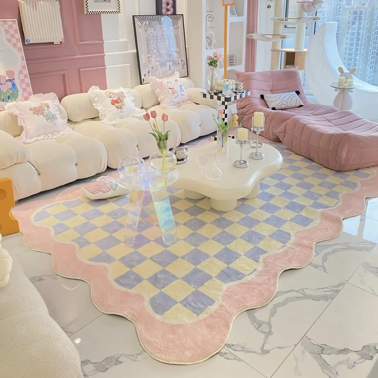 Irregular Shaped Cute Rug, 1 Count Wave and Grid Pattern Non-slip Soft Floor Mat, Decorative Carpet for Home Living Room Bedroom Study Room Decor, Chr