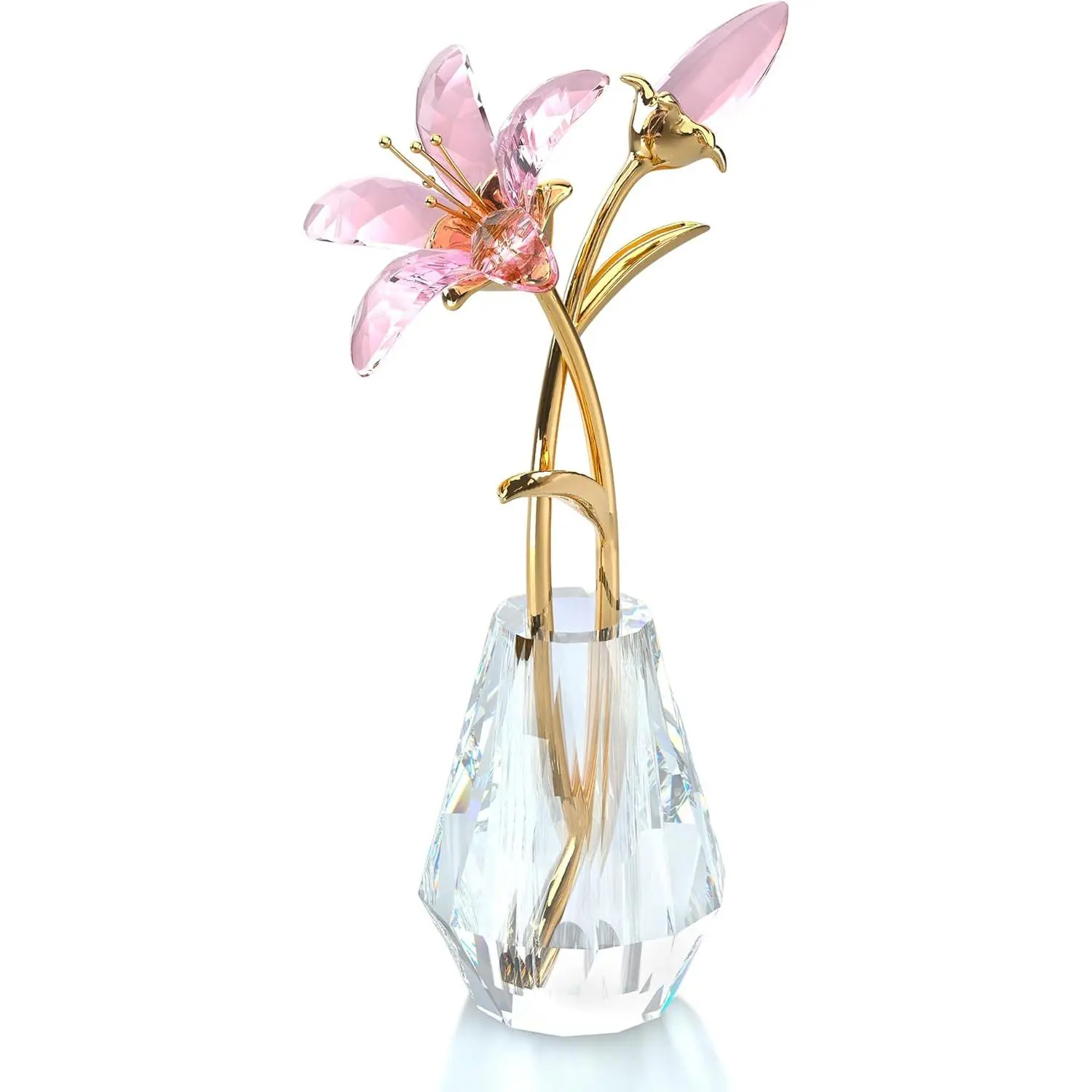 Crystal Tiger Lily Flowers with Crystal Vase Metal Stem Pink Lily Flower Collectible Gifts for Women, Glass Lilium Flower Artificial Floral Figurines for Home Wedding Party Decor