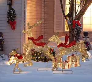 LuxenHome Lighted 3-Pc Champagne Gold Deer Outdoor Decoration