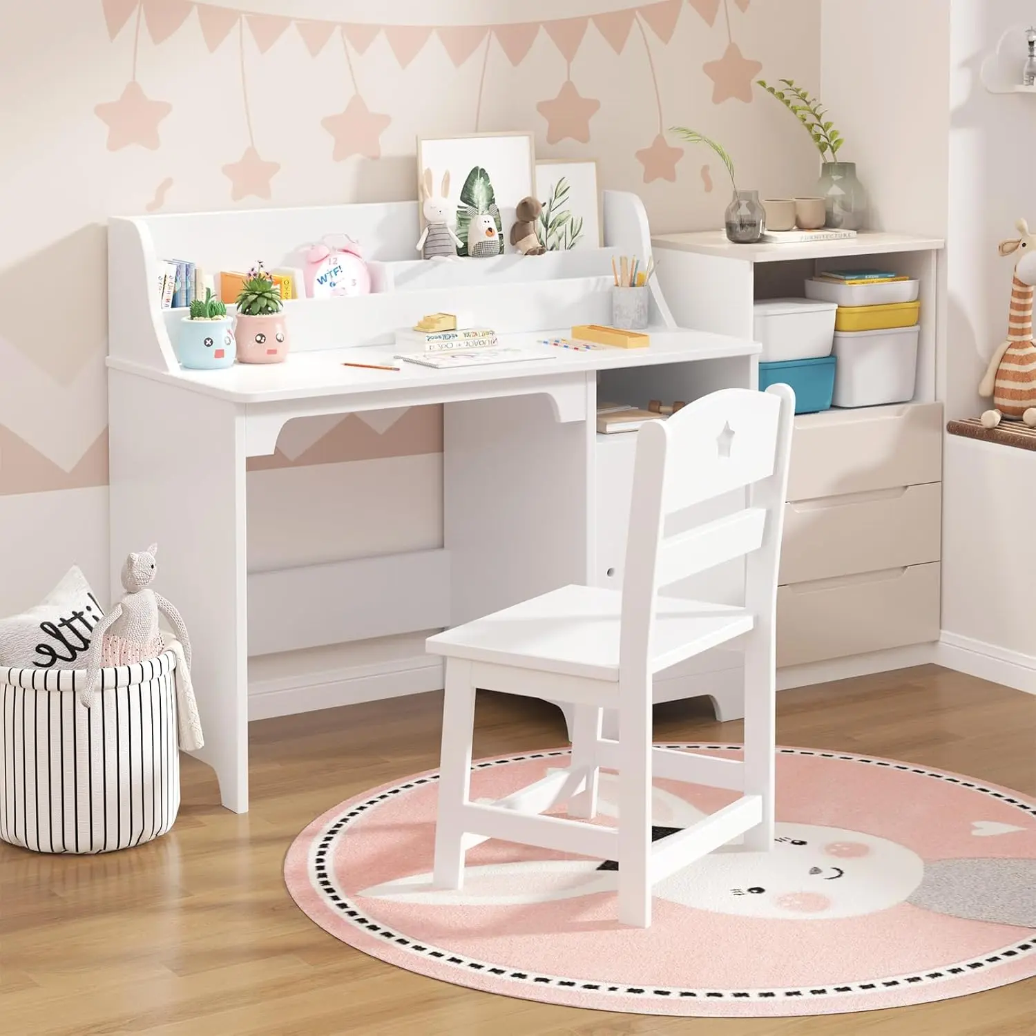 Gaomon Ergonomic Kids' Engineered Wood Desk and Chair Set - 3-8 Years, Durable Study Desk with Hutch, Storage Cabinet Organizer, Assembly Required, Easy-Maintenance Bedroom Student Workstation