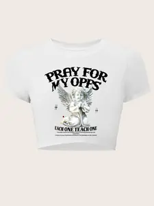 Women's Angel & Letter Print Round Neck Crop Tee, Fashion Casual Crew Neck T-shirt for Daily Holiday Vacation Outdoor Wear, Ladies Clothes for All Seasons