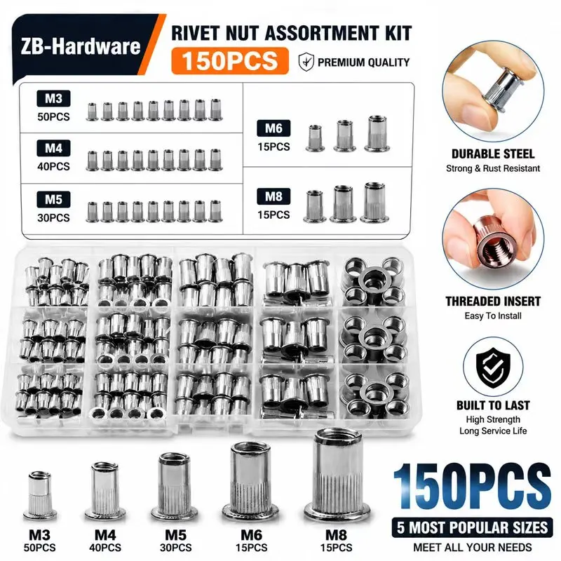 Rivet Nut Tool Kit with M3 M4 M5 M6 M8 Mandrel Heads, Hex Driver Bit Nutsert Installation Set for Power Drill, Metal Sheet, Automotive, Furniture & DIY Repair