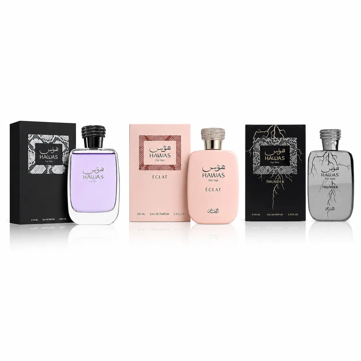 Rasasi Hawas Trio – Original + Thunder for Him + Éclat for Her Eau de Parfum 3 × 100ml | Couples Perfume Set | Aquatic Spicy Floral EDP