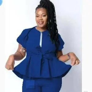 Belted ruffle-top & Skinny Scrub Pants. Comfortable Elegant Short Sleeve Workwear