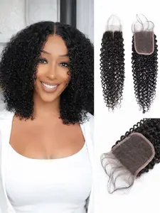 Brazilian Kinky Curly 4x4 Lace Closure, 100% Unprocessed Human Virgin Hair, Pre Plucked Jerry Curly, Natural with Baby Hair, Human Hair Wigs