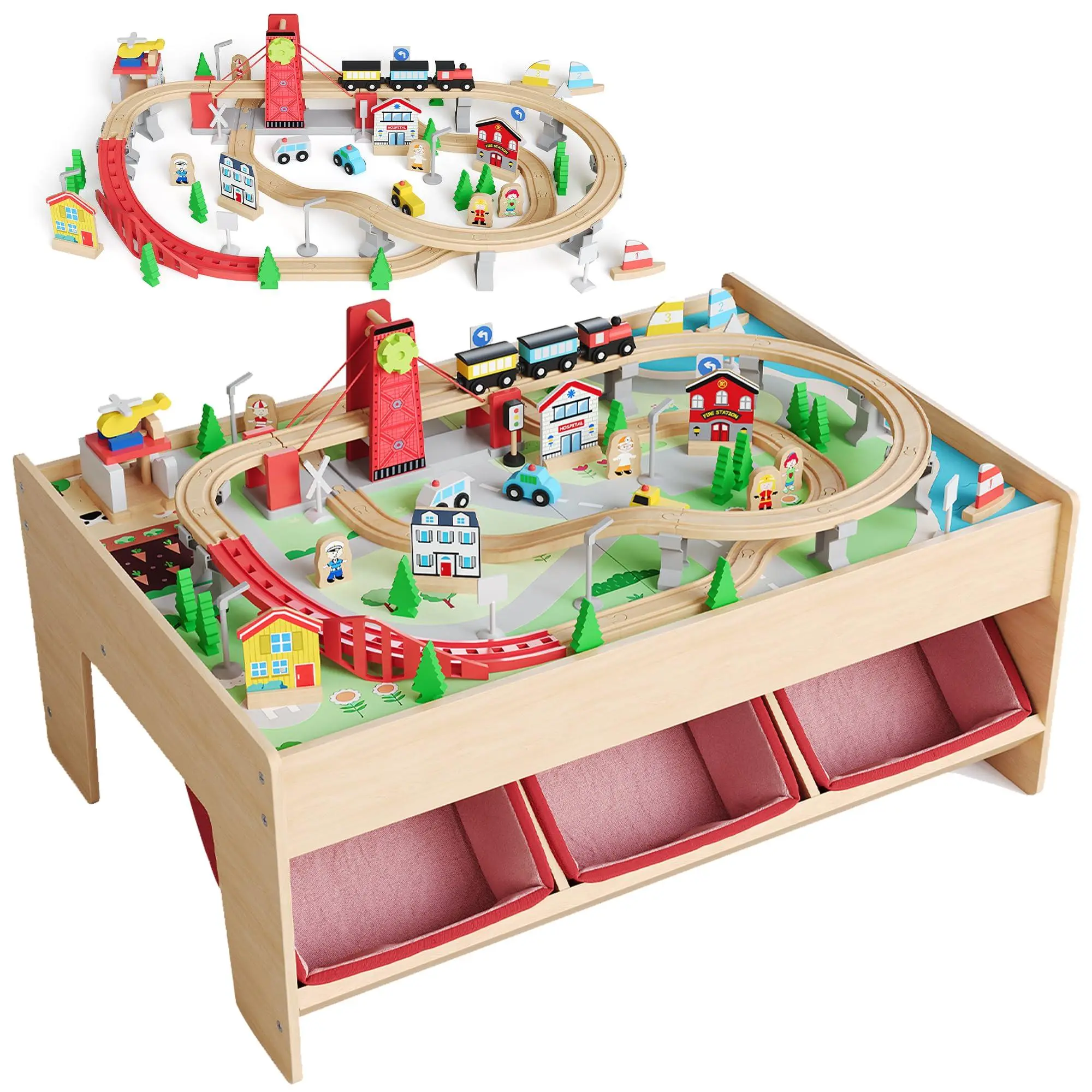 GARVEE 92 Pieces Train Table, Wooden Train Set & Table with 3 Storage Bins, Tracks, Train, Railway, City, Gift for Toddler Boys Girls Ages 3+
