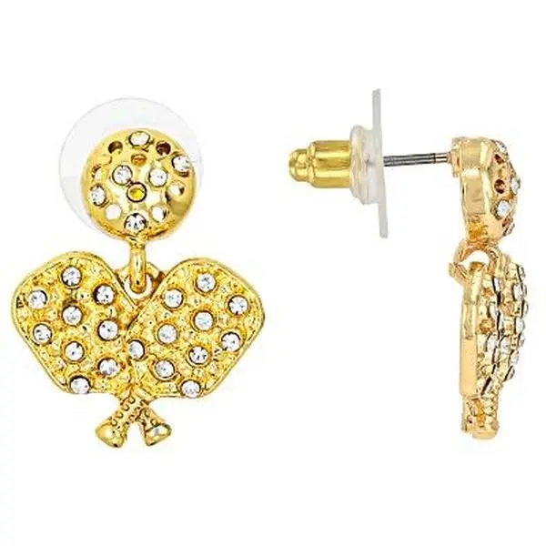 JTV Costume Jewelry White Crystal, Gold-Tone Pickleball Paddle Earrings with 0.85"l 0.70"w Size & Bullet Backings, Gold Tone Pickleball Paddles, 0.70 Inches