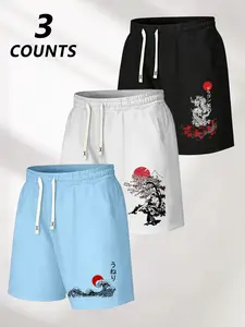 Men's 3-Pack Landscape Dragon Print Shorts, Drawstring Waist, Summer Casual Outdoor Gym Shorts, Fitted H-Type, Graphic Pattern
