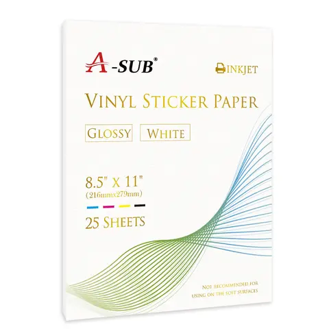 A-SUB Waterproof Glossy Vinyl Stickers Paper, 25-Sheet Inkjet Printer Compatible Office Stationery