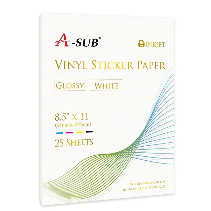 A-SUB Waterproof Glossy Vinyl Stickers Paper, 25-Sheet Inkjet Printer Compatible Office Stationery