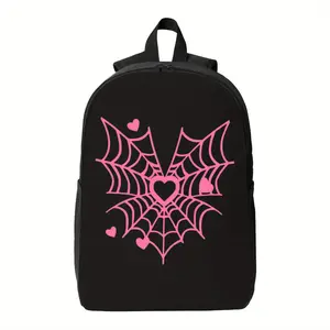 Best Trendy Girls' Spider Web & Pink Hearts Graphic Backpack - Lightweight, Adjustable Straps, Zipper Closure, Casual School Bag with Floral Design, Hand Washable, Backpack for School, Casual Daypack |   Floral Print Backpack |   Zipper Closure Bag Suppli