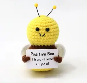 Positive Bee Hug Pocket Mini Handmade Plush Wool Knitting Doll with Card Funny Gift Home Room Decoration