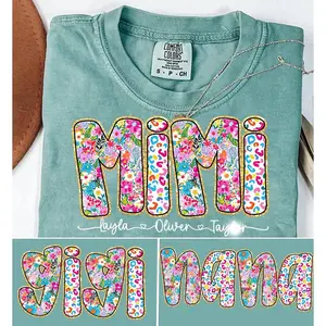 Personalized Glitter Mimi Nana Gigi Floral Leopard Comfort colors Sweater, Mothers Day Preppy Gigi, Pink Mimi Sweatshirt with kids names, Mom Life Tee Shirt