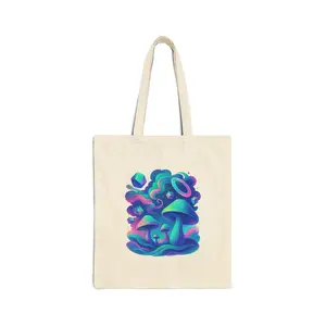 Glowing Mushrooms Canvas Tote Bag, Ethereal Surreal Illustration, Dreamlike Landscape, Vibrant Fungi Gift, Eco-Friendly Shopping Bag