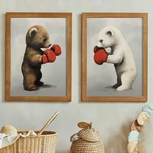 Bear Nursery Decor, Cool Boys Room Decor, Boxing Art, Nursery Room Print for Little Boys, Set of 2, Bear Boxing Match, Woodland Animal Art, Unframed