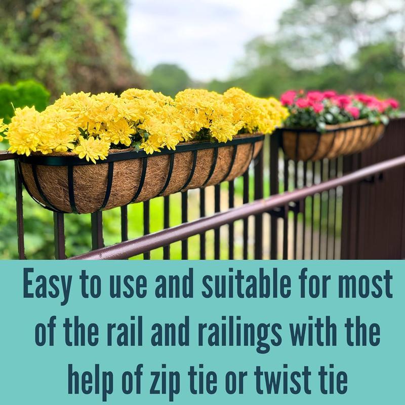 LaLaGreen Railing Planter Box (24 Inch, 2 Pack) Black Metal Rectangular Hanging Planters with Coco Liner, Flower Boxes Brackets for Deck Railings Outdoor Plants Over Rail Fence Balcony Patio Porch